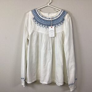 Fat Face Young Crew Girls Long Sleeve Blue Ivy Woven Embroidery Blouse Sz 11/12